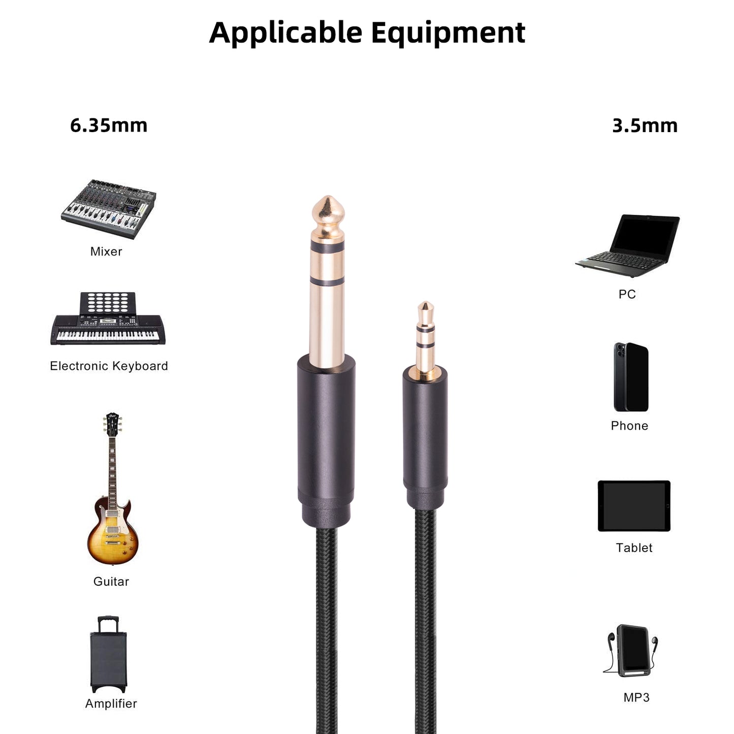 3662BK 2m For Mixer Amplifier 3.5mm to 6.35mm Male to Male Audio Adapter Gold Plated Jack Aux Cable