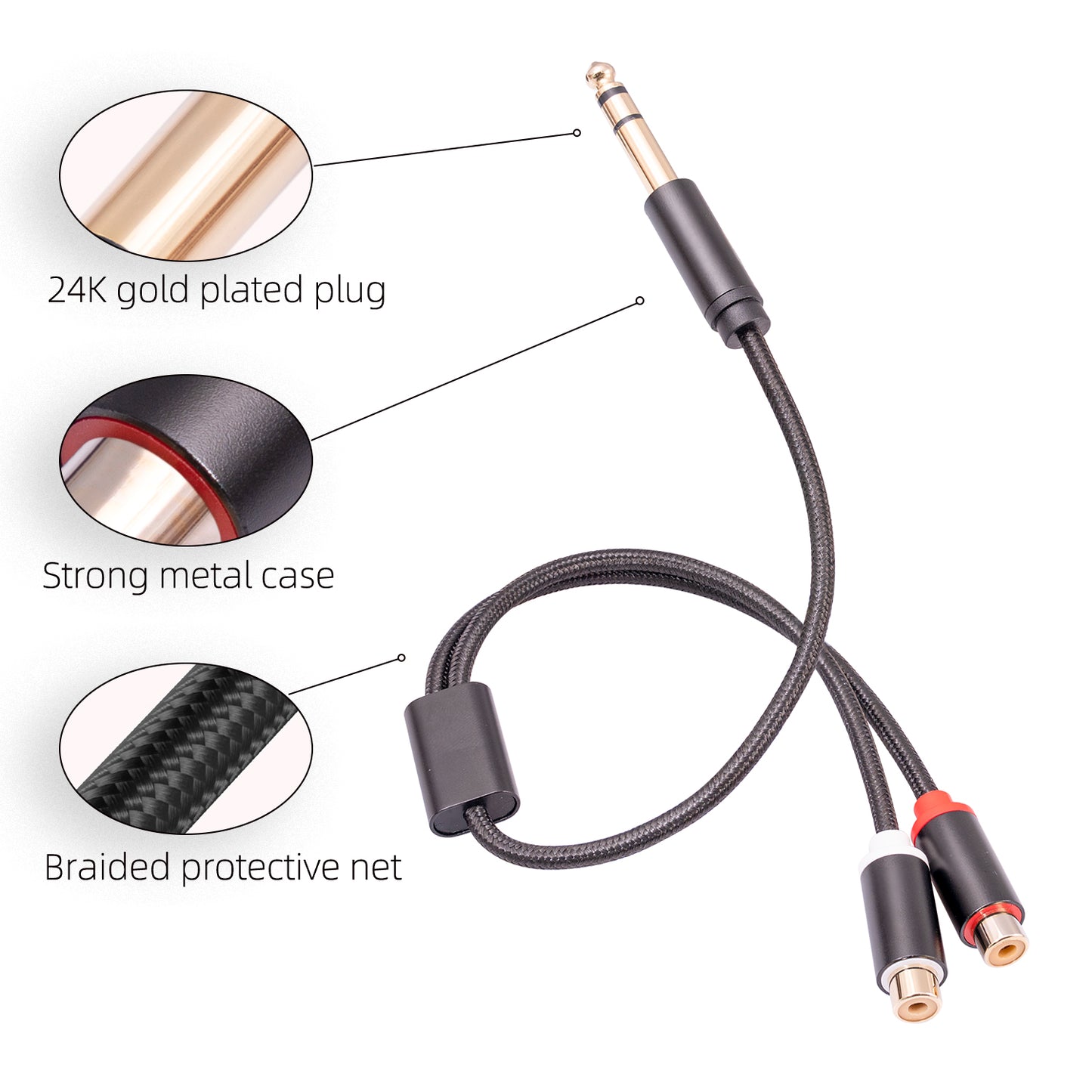 3712 0.3m 6.35mm Male to Dual RCA Female Splitter Cable 1 / 4 Inch Male Stereo to 2 RCA Female Adapter Line