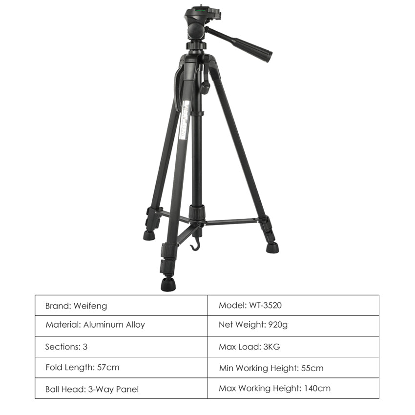 WEIFENG 3520 Aluminum Alloy with Three-way Panel Ball Head Tripod for Canon Nikon Sony SLR (with Maximum Load of 3kg)