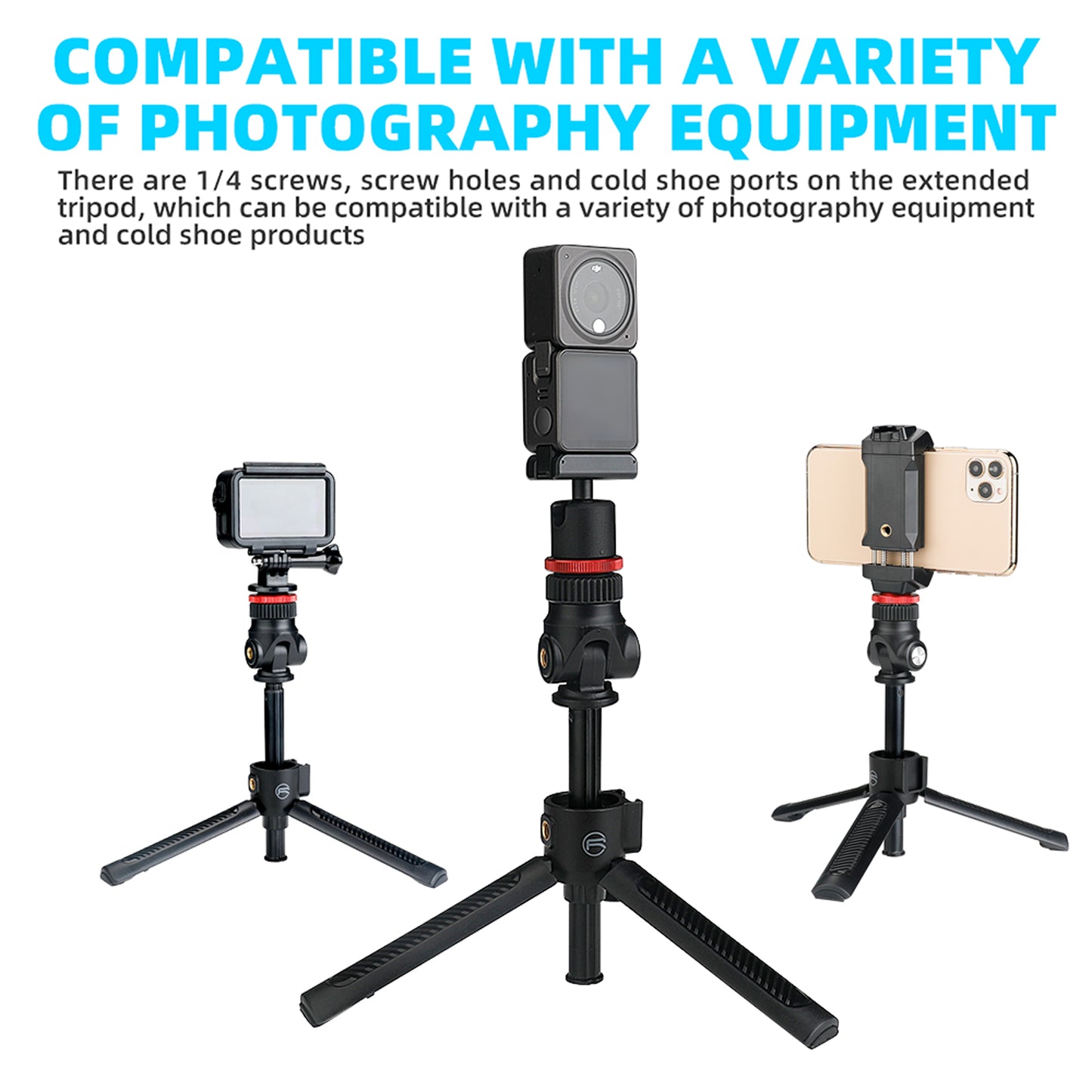 Uniqkart Portable 1/4 inch Screw Cold Shoe Tripod Camera Phone Holder Extendable Stand Selfie Stick for GoPro/DJI Osmo Action