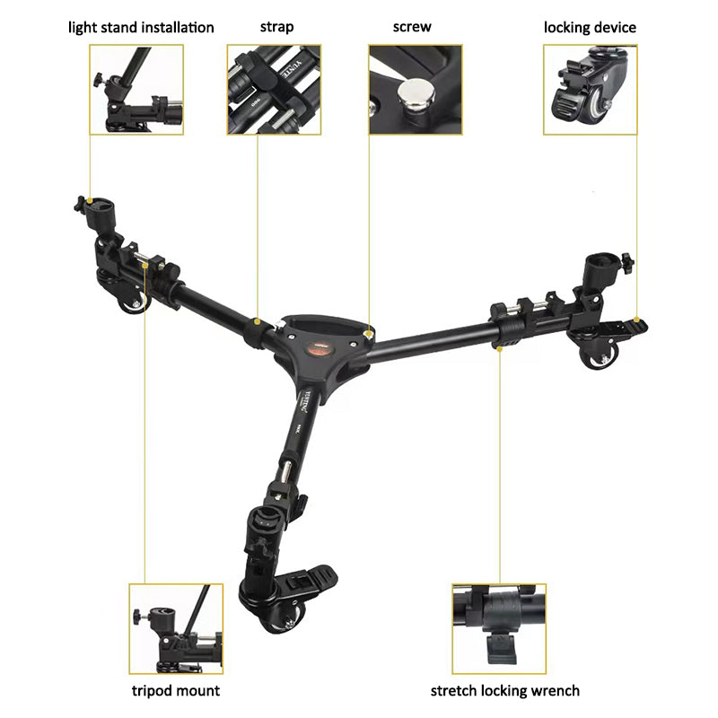 Uniqkart 900L Universal Folding 3 Wheels Pulley DV Camera Photography Tripod Base Stand