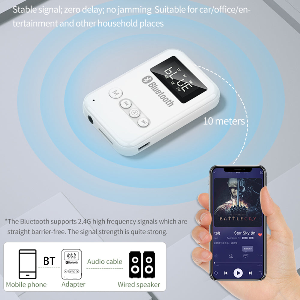 K6 2-in-1 Bluetooth 5.0 Receiver Transmitter RCA 3.5mm AUX Audio FM Adapter for Car TV Speaker - White