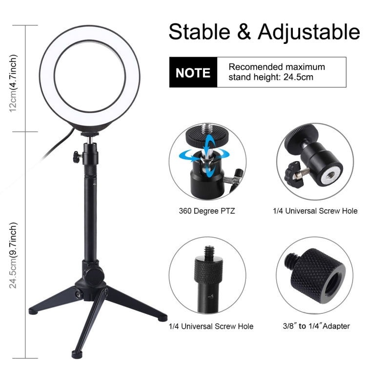 Puluz Desktop Tripod Holder + 4.7 inch USB 3 Modes Dimmable LED Ring Vlogging Photography Video Light Kits