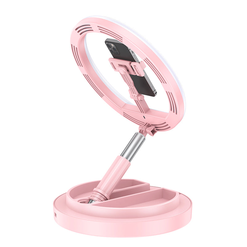 USAMS US-ZB120 LED Ring Fill Light Live Streaming Stretchable and Foldable Fill Light with Holder Supporting Base - Black