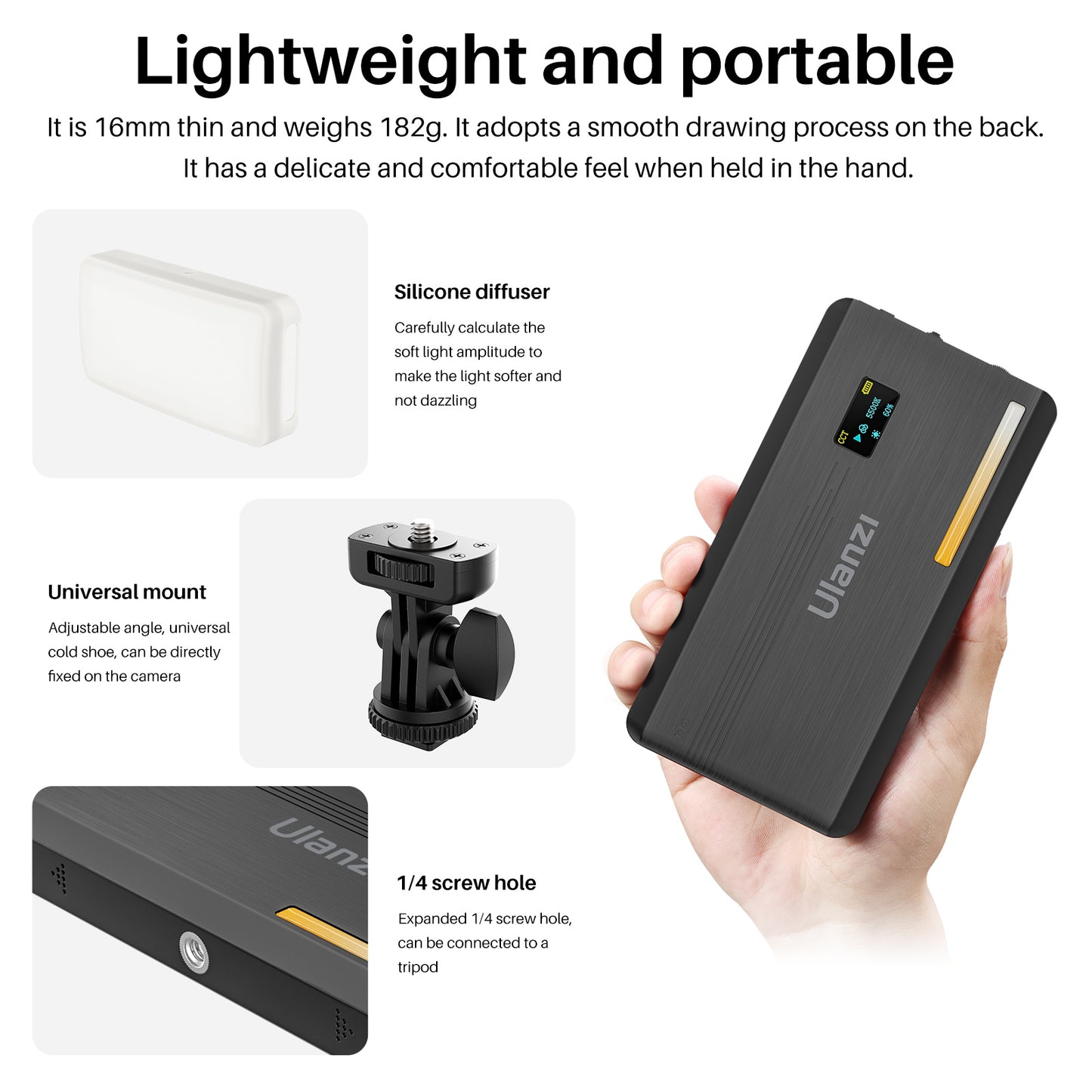 Uniqkart VIJIM VL200 Bi-Color LED Video Light Dimmable 2500K-9000K Camera Fill Light Panel Photography Lighting