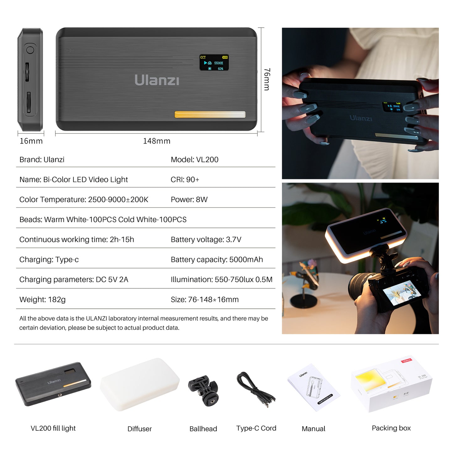 Uniqkart VIJIM VL200 Bi-Color LED Video Light Dimmable 2500K-9000K Camera Fill Light Panel Photography Lighting