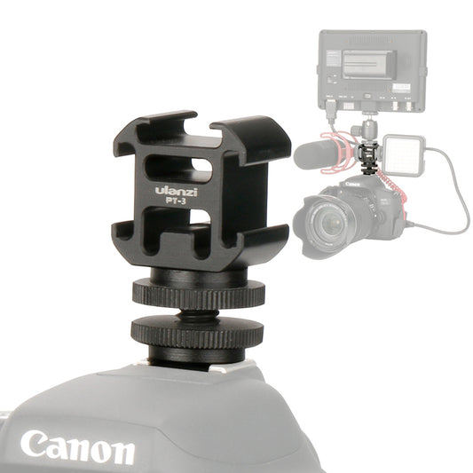 Uniqkart Three Head Cold Shoe Base Connector On-Camera Mount Microphone Fill Light Expansion Metal Adapter