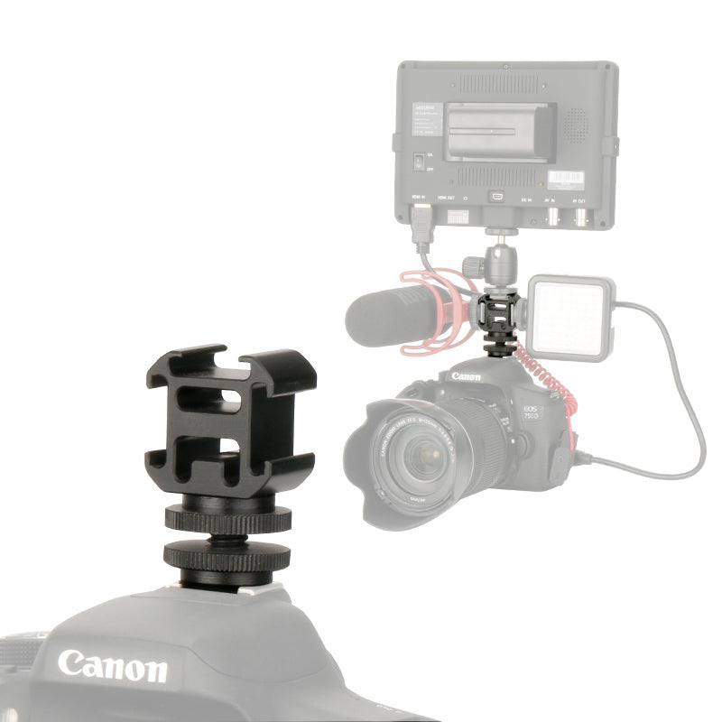 Uniqkart Three Head Cold Shoe Base Connector On-Camera Mount Microphone Fill Light Expansion Metal Adapter