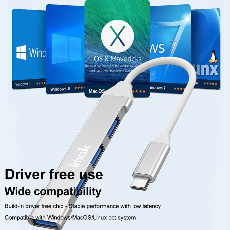 IMAK Multifunction Type-C Docking Station 4 in 1 Multi-Port Converter to 3 USB2.0 + USB 3.0 USB-C HUB Adapter Compatible with Windows / macOS / Linux - Silver