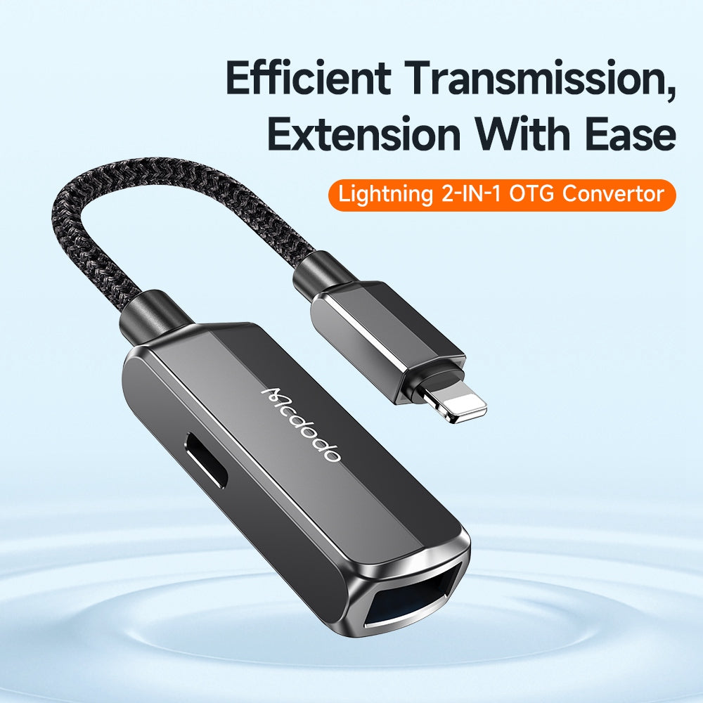 Uniqkart CA-269 2 in 1 Lightning OTG Converter Lightning to USB-A + Lightning Adapter Support Charging and Data Transfer Sync