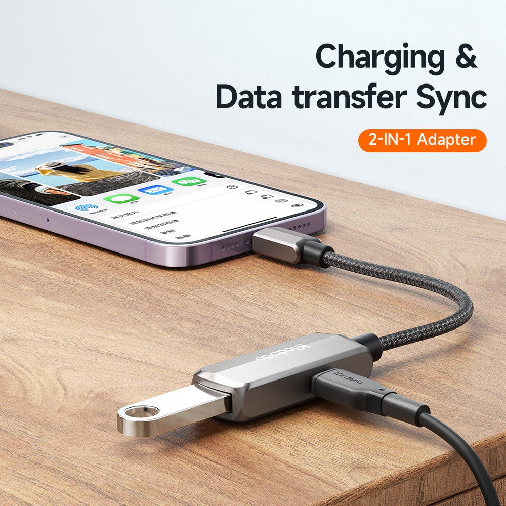 Uniqkart CA-269 2 in 1 Lightning OTG Converter Lightning to USB-A + Lightning Adapter Support Charging and Data Transfer Sync