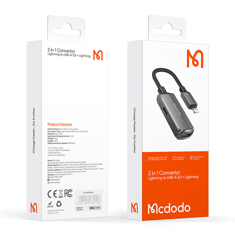 Uniqkart CA-269 2 in 1 Lightning OTG Converter Lightning to USB-A + Lightning Adapter Support Charging and Data Transfer Sync