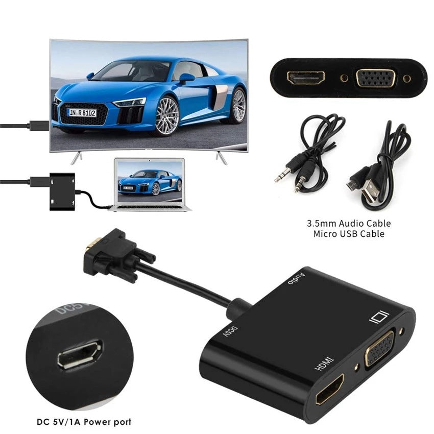 VGA to HDMI + VGA Adapter 1 in 2 Out with 3.5mm Audio Cable Support VGA to HDMI VGA PC Projector Multi-port Display