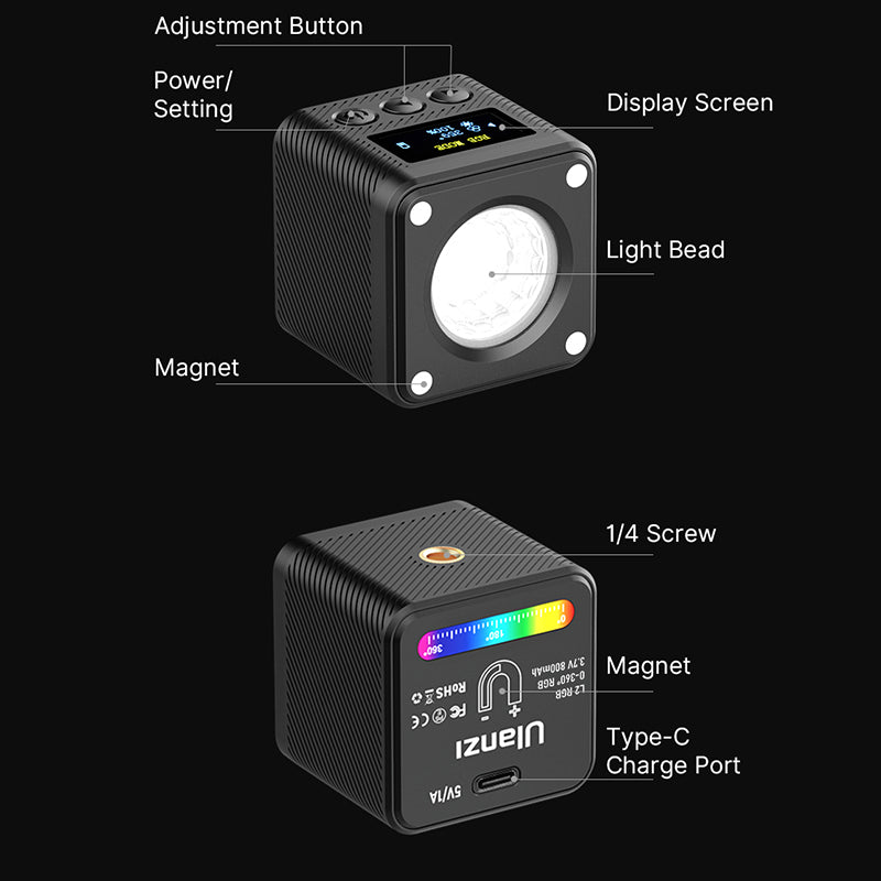 Uniqkart 2878 L2 RGB Mini COB Video Camera Light Dimmable 360 Degree Full Color Light with Silicone and Honeycomb Diffuser