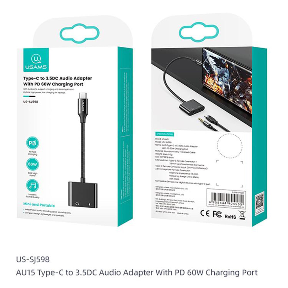 Uniqkart US-SJ598 AU15 Smart Audio Adapter Type-C to PD 60W Fast Charge 3.5mm Connector