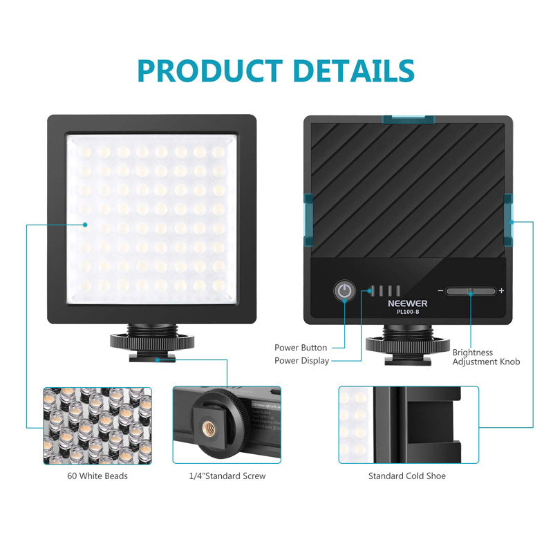 Uniqkart PL100-B Mini Plastic+Metal Camera Phone Photography Fill Light Rechargeable Dimmable LED Fill Light
