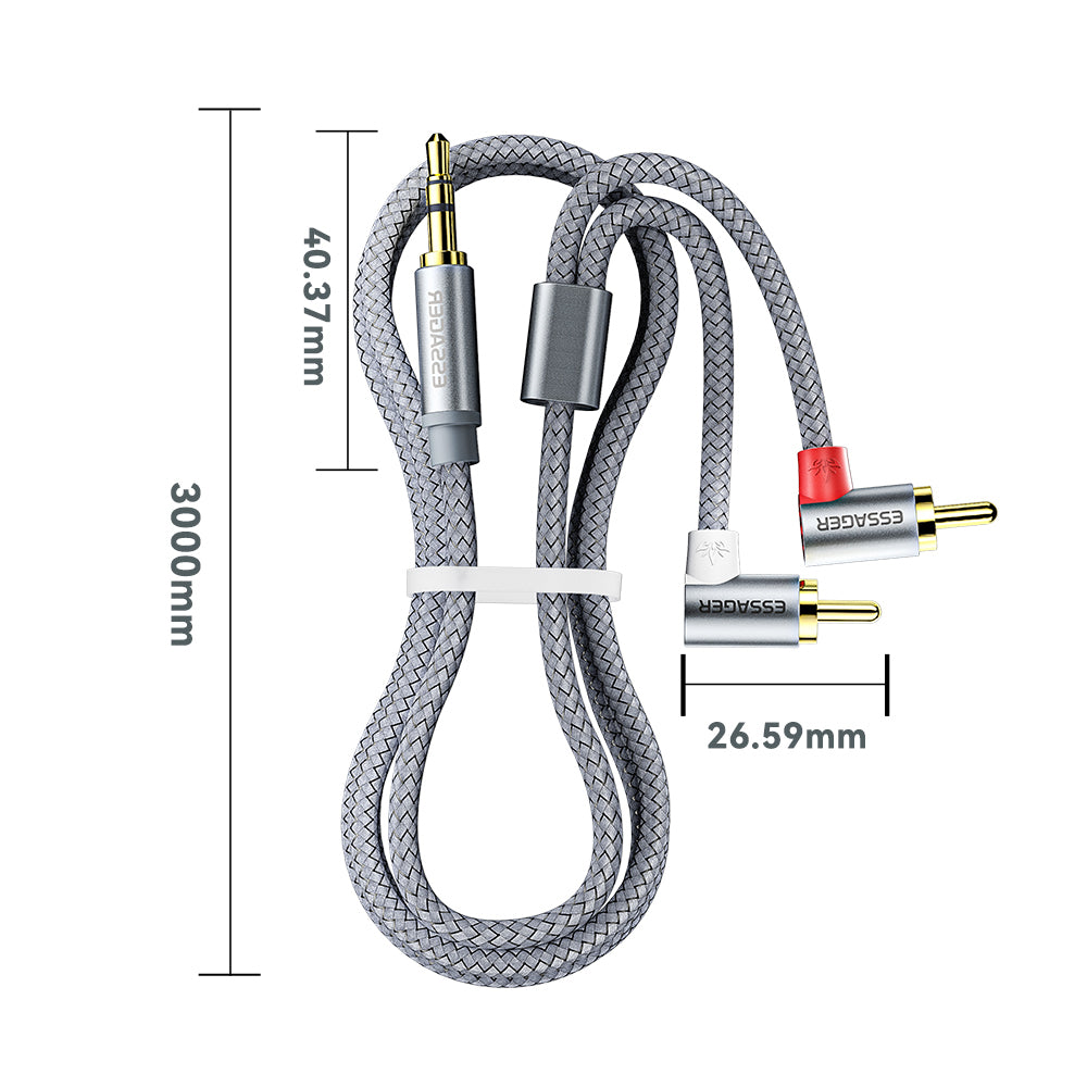Essager 3m Gold-Plated 3.5mm Aux to Elbow Dual RCA Adapter Cord Y-Splitter Cable for Smartphone, Speaker, MP3