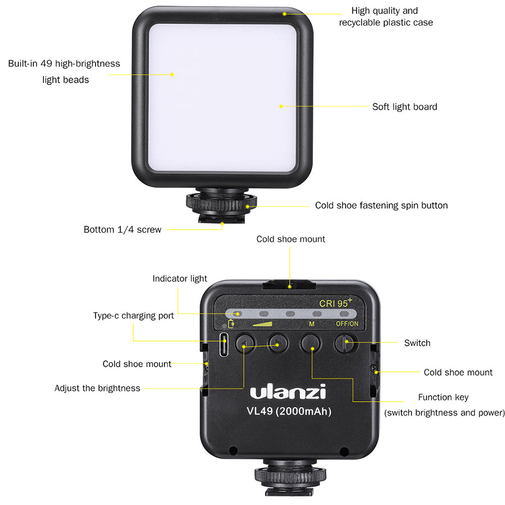 Uniqkart VL49 6W Mini LED Video Light with Built-in 2000mAh Battery 5500K Photographic Lighting for Canon Nikon Sony DSLR Camera