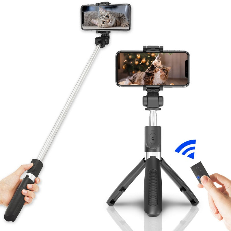 SELFIESHOW L01s Selfie Stick Tripod Extendable Bluetooth Monopod with 360 Degree Rotating Phone Clip and Remote Control - Black