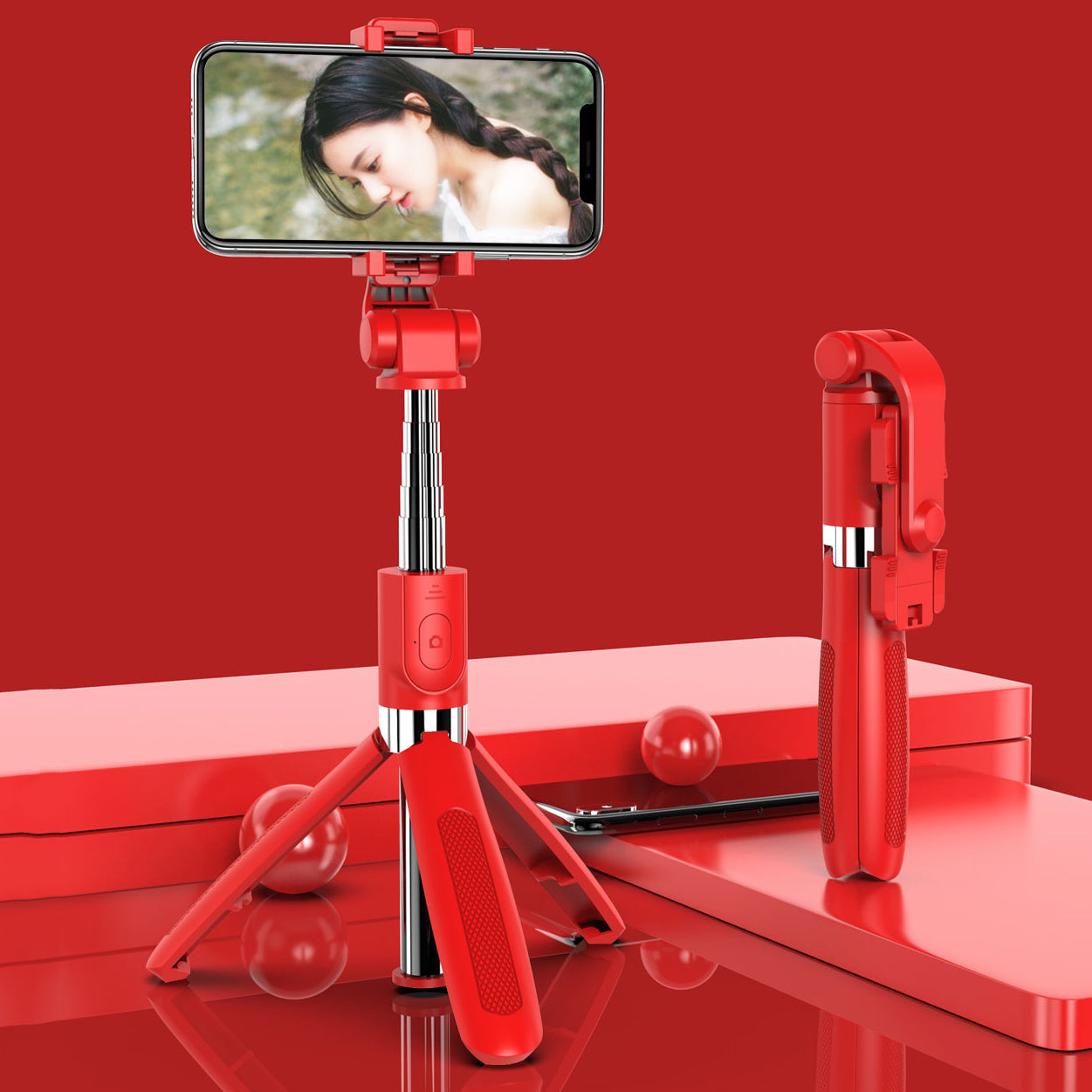 SELFIESHOW L01s Selfie Stick Tripod Extendable Bluetooth Monopod with 360 Degree Rotating Phone Clip and Remote Control - Red
