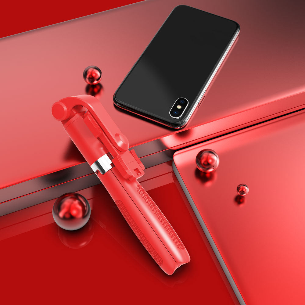 SELFIESHOW L01s Selfie Stick Tripod Extendable Bluetooth Monopod with 360 Degree Rotating Phone Clip and Remote Control - Red