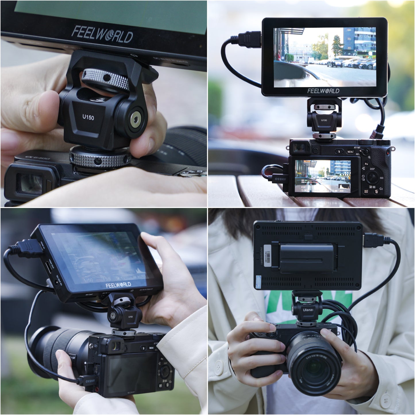 Uniqkart U-150 DSLR Camera Monitor Mount 360 Degree Rotation Adjustable Monitor Adapter with Cold Shoe 1/4 Screw