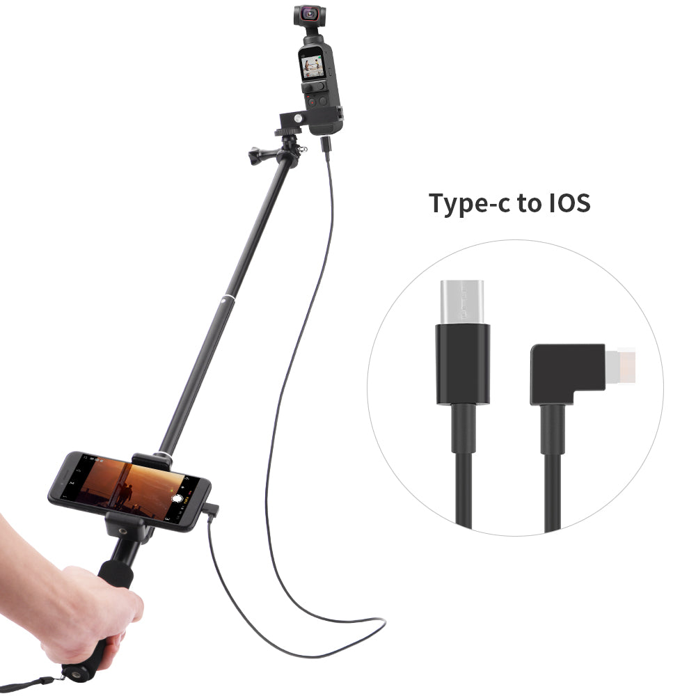 BRDRC DJI-5016 Selfie Stick for DJI OSMO Pocket 2 Handheld Gimbal Stabilizer Cable Phone Clip Module Extension Pole - Type C to Lightning