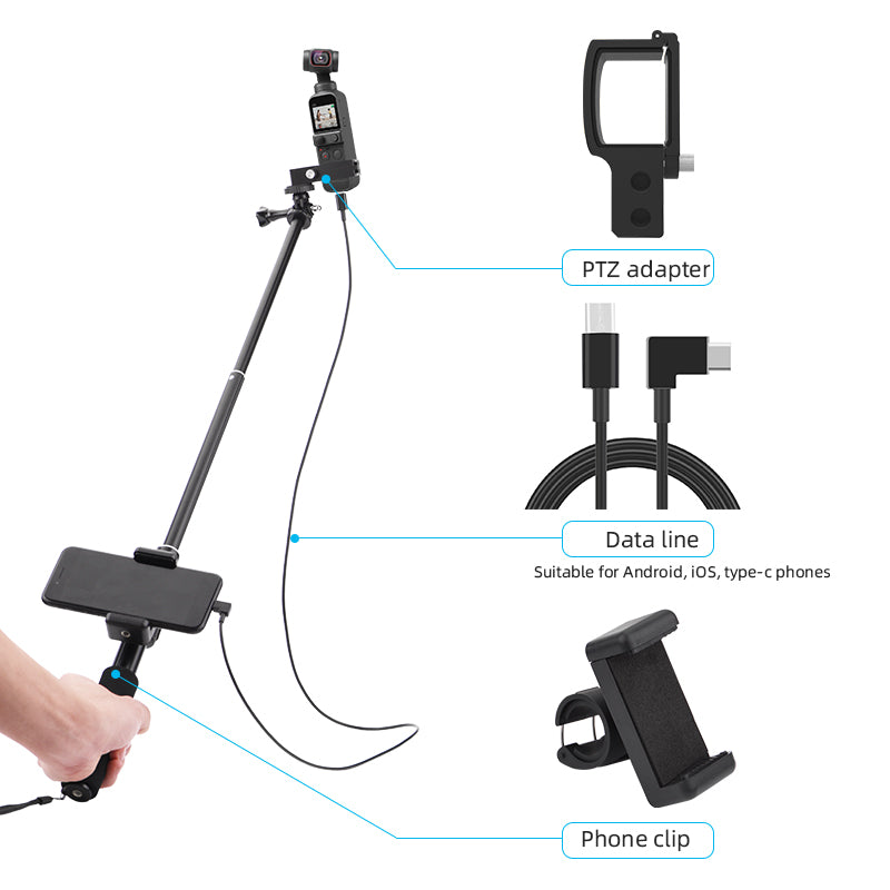 BRDRC DJI-5016 Selfie Stick for DJI OSMO Pocket 2 Handheld Gimbal Stabilizer Cable Phone Clip Module Extension Pole - Type C to Lightning