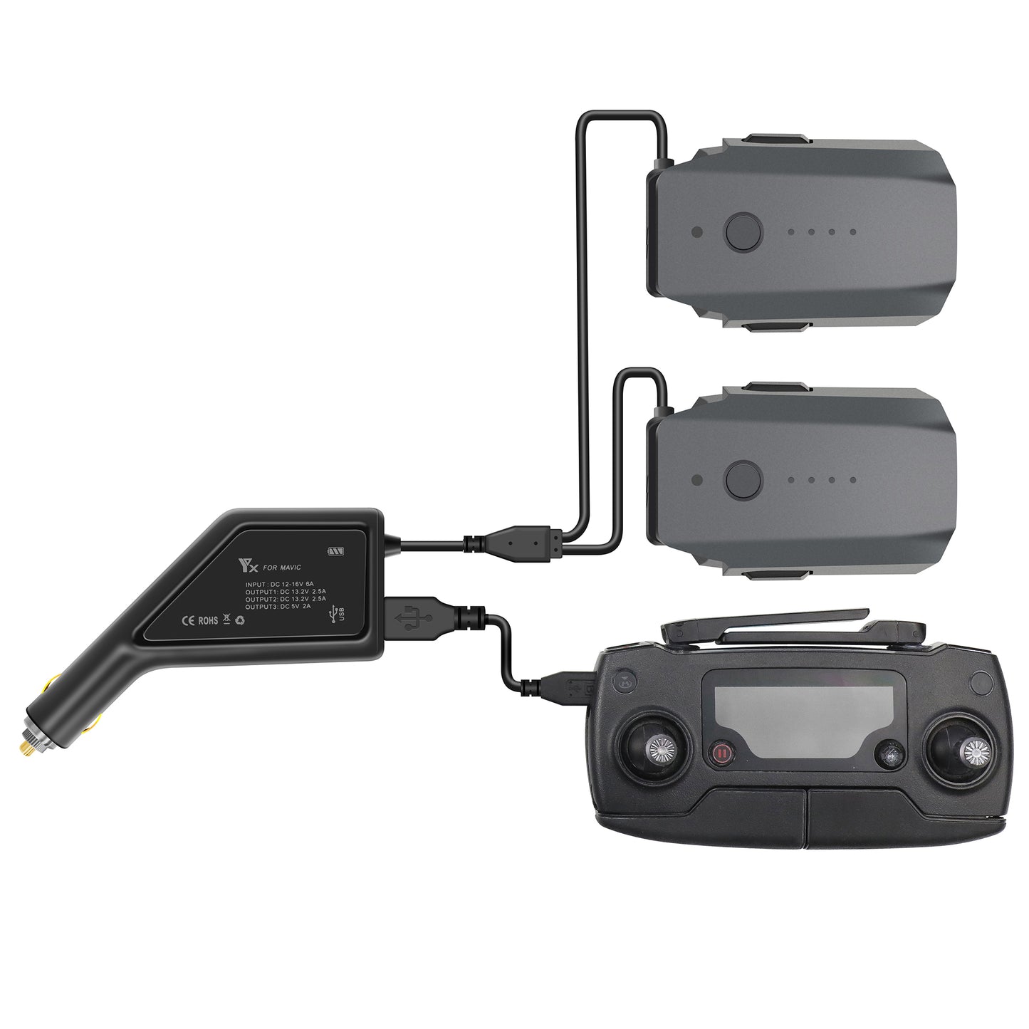 3-in-1 Dual-Battery Car Charger Safe Fast Remote Controller Outdoor Charging Intelligent with USB Port for DJI Mavic Pro