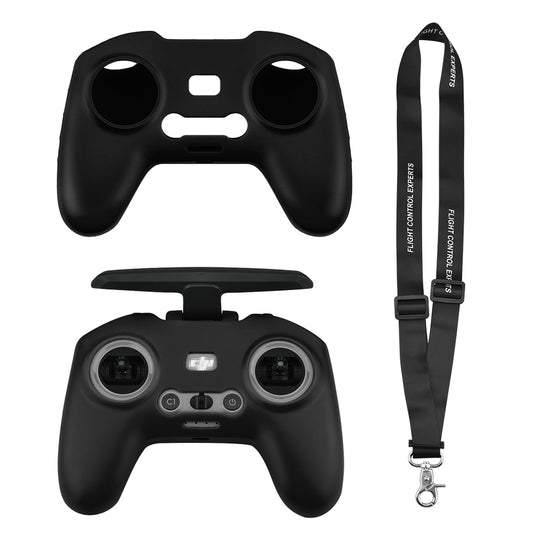 EWB8494_2+max2473 Soft Silicone Sleeve Anti-scratch Protective Cover with Lanyard for DJI FPV Combo Remote Controller - Black+Black