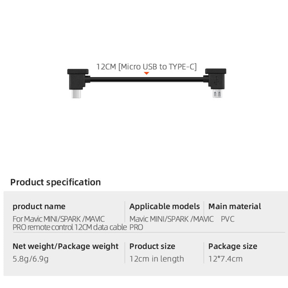 EWB8427 12cm PVC Remote Control Data Connected Cable for DJI Mavic Mini/Mavic 2/Spark/Mavic Pro/Mavic Air - Micro USB to Type-C