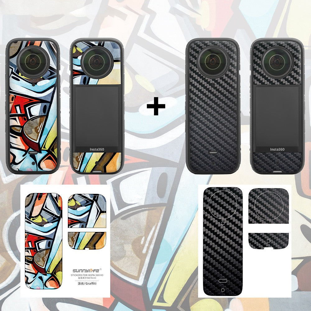 Uniqkart IST-TZ485 For Insta360 X3 Adhesive Cute Pattern PVC Sticker Set Decoration Camera Accessories Kit - Graffiti / Carbon Fiber
