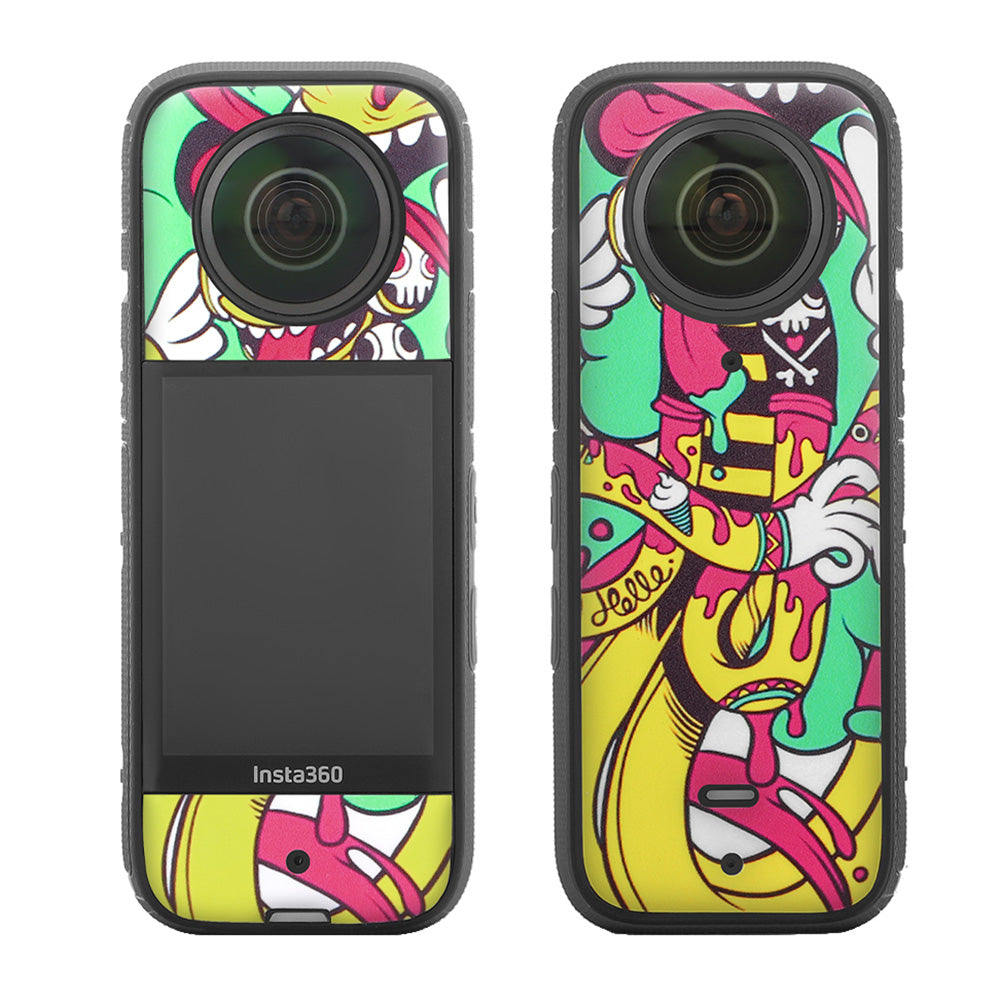 Uniqkart IST-TZ485 For Insta360 X3 Adhesive Cute Pattern PVC Sticker Set Decoration Camera Accessories Kit - Hip-hop / Carbon Fiber