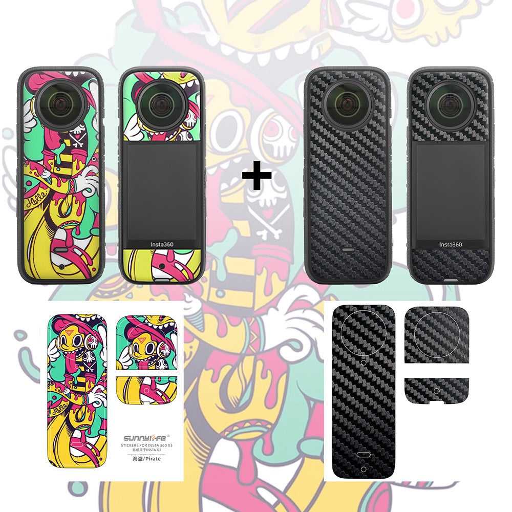 Uniqkart IST-TZ485 For Insta360 X3 Adhesive Cute Pattern PVC Sticker Set Decoration Camera Accessories Kit - Hip-hop / Carbon Fiber