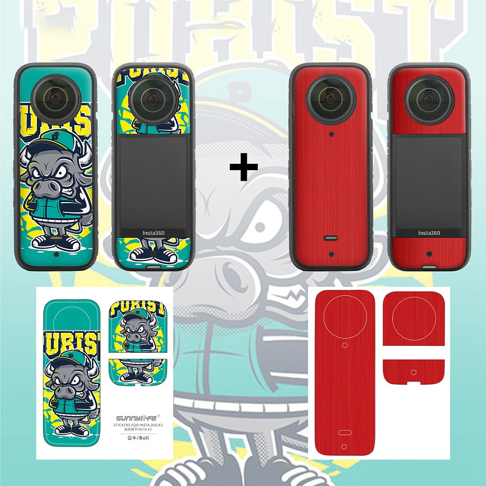 Uniqkart IST-TZ485 For Insta360 X3 Adhesive Cute Pattern PVC Sticker Set Decoration Camera Accessories Kit - Bull / Brushed