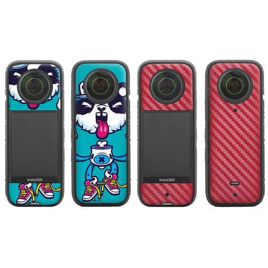 Uniqkart IST-TZ485 For Insta360 X3 Adhesive Cute Pattern PVC Sticker Set Decoration Camera Accessories Kit - Panda / Carbon Fiber