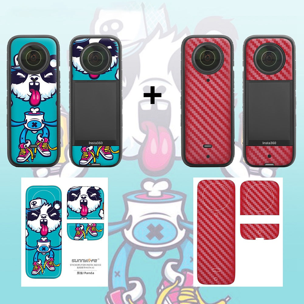 Uniqkart IST-TZ485 For Insta360 X3 Adhesive Cute Pattern PVC Sticker Set Decoration Camera Accessories Kit - Panda / Carbon Fiber