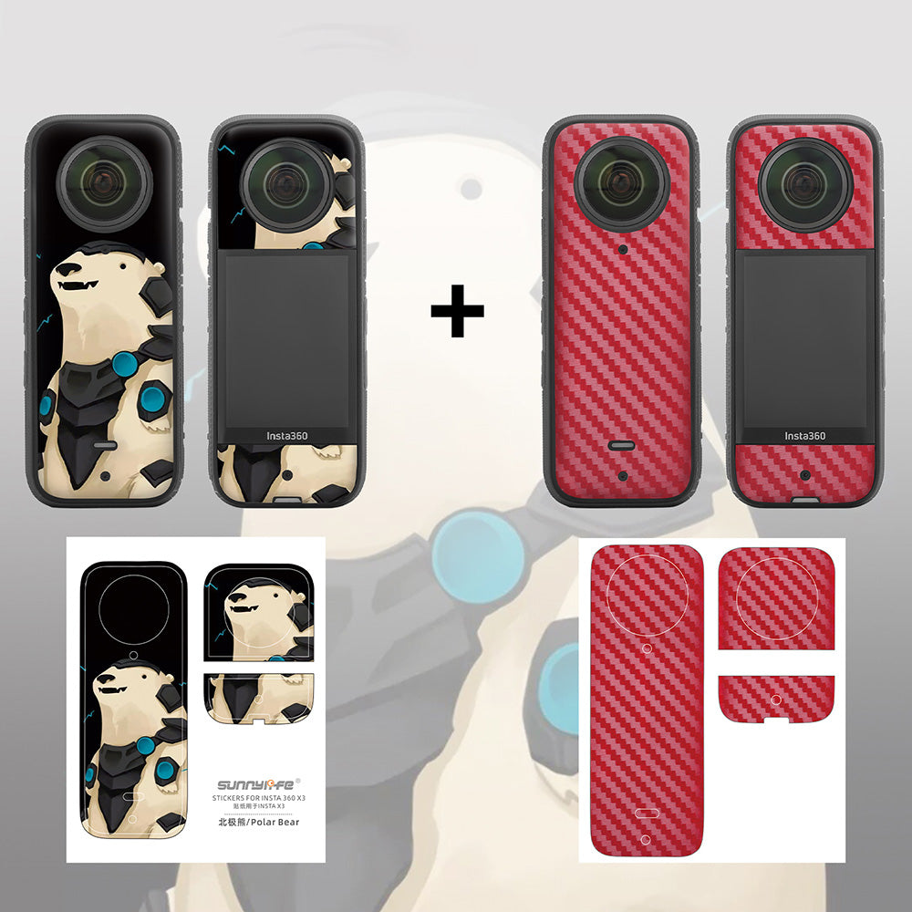 Uniqkart IST-TZ485 For Insta360 X3 Adhesive Cute Pattern PVC Sticker Set Decoration Camera Accessories Kit - Polar Bear / Carbon Fiber