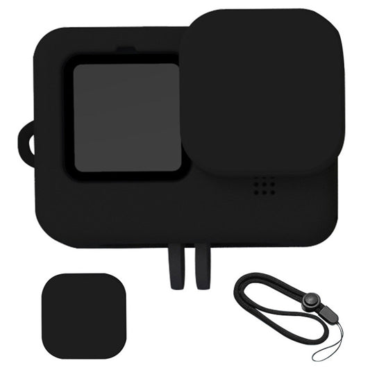 for GoPro 9 / 10 Action Camera Silicone Cover Anti-drop Protective Sleeve with Lens Cover and Anti-lost Rope - Black