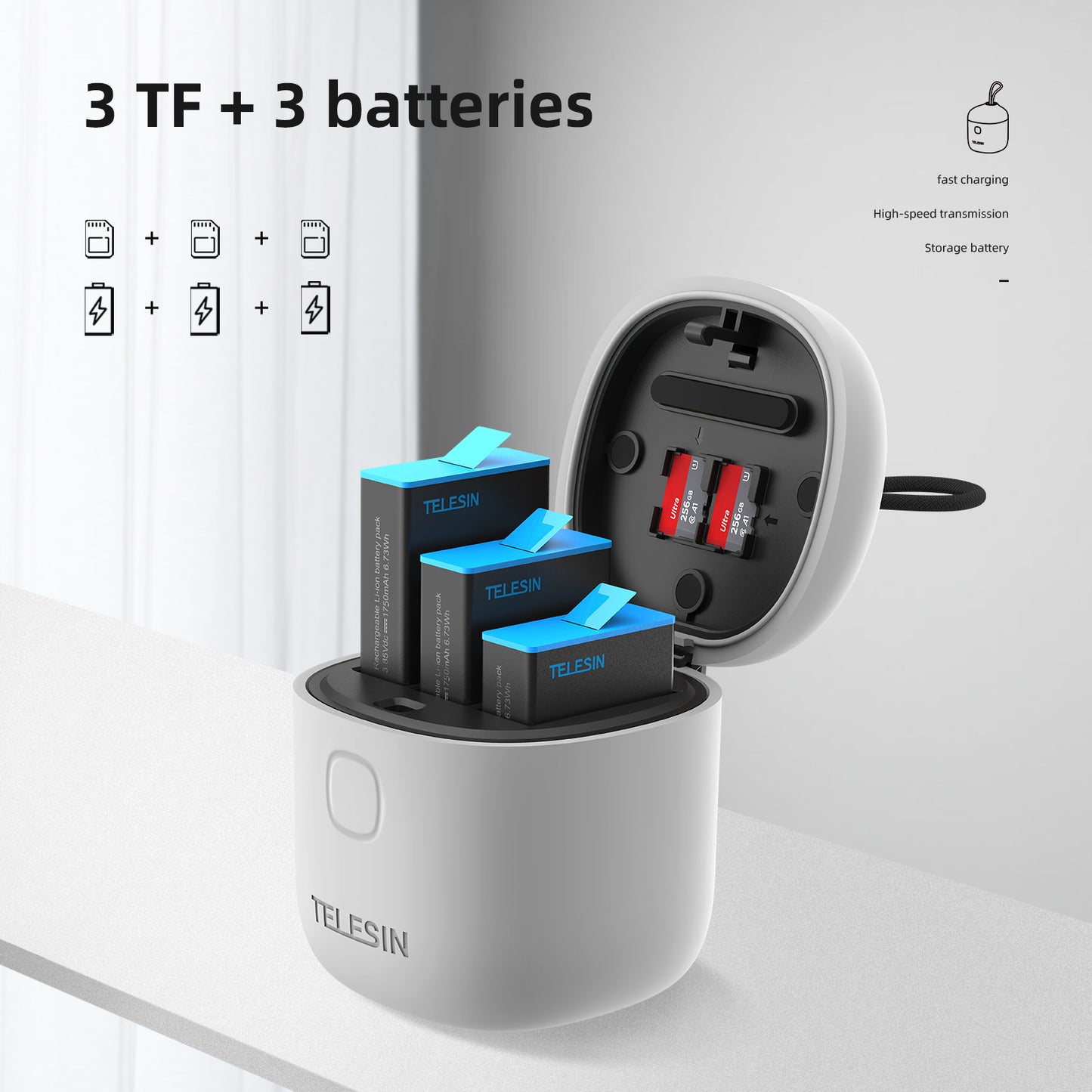 Uniqkart GP-BTR-904-GY 3 Slots Battery Charger Storage Box TF Card Reader Case for GoPro Hero 9