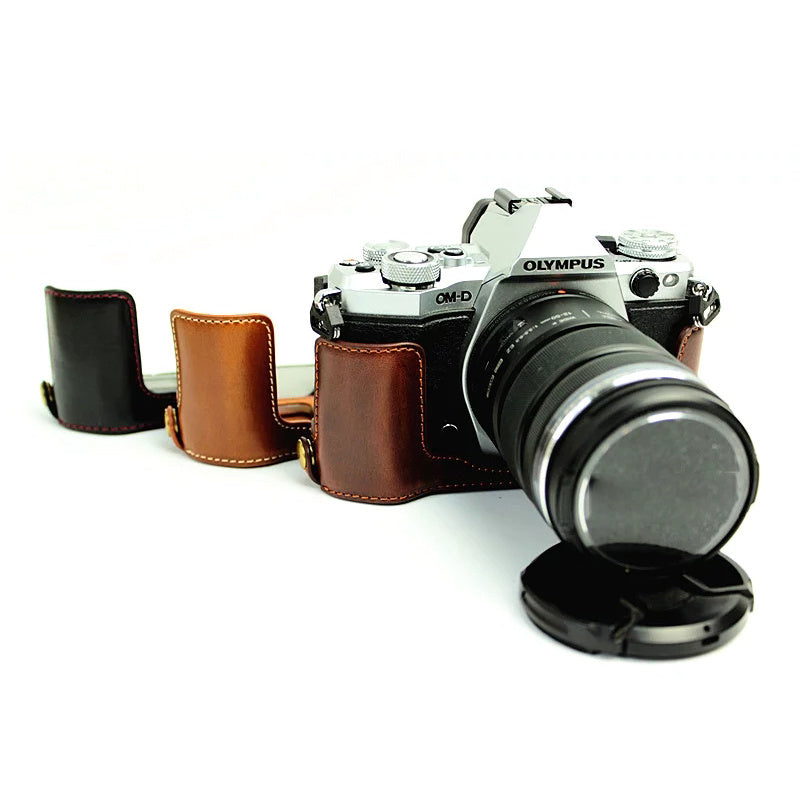 Bottom Case for Olympus E-M5 II/E-M5 Mark II PU Leather Digital Camera Protective Half Body Cover with Battery Opening - Coffee