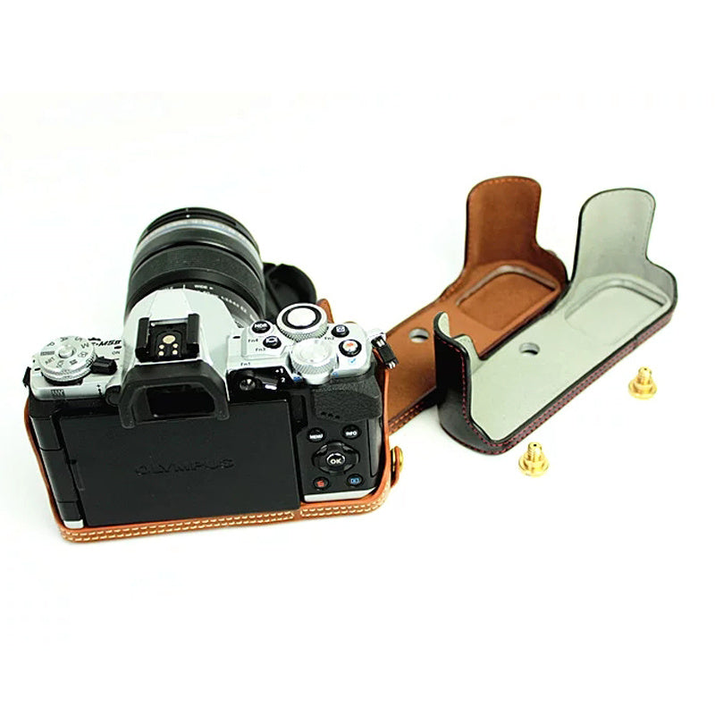 Bottom Case for Olympus E-M5 II/E-M5 Mark II PU Leather Digital Camera Protective Half Body Cover with Battery Opening - Coffee
