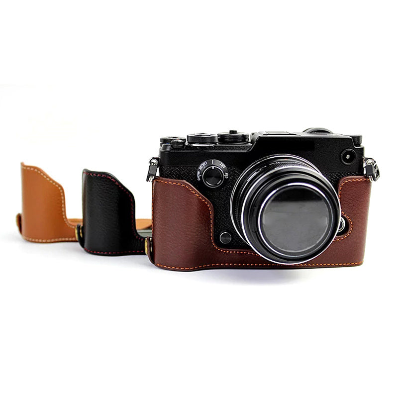 Uniqkart for Olympus PEN-F Genuine Leather Camera Case Bottom Opening Design Protective Half Body Cover - Brown