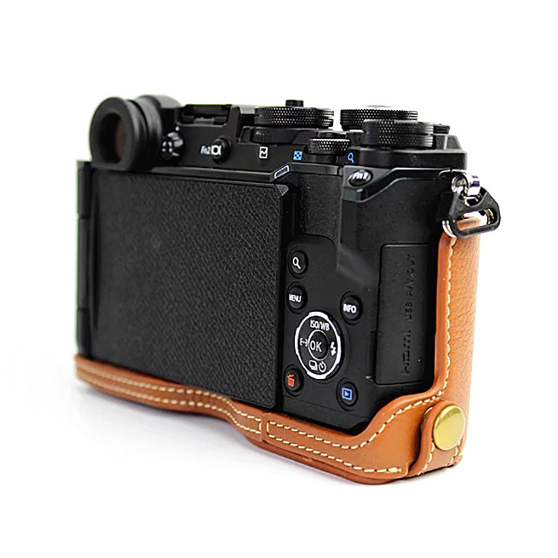 Uniqkart for Olympus PEN-F Genuine Leather Camera Case Bottom Opening Design Protective Half Body Cover - Brown