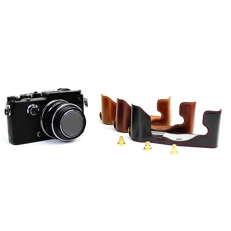 Uniqkart for Olympus PEN-F Digital Camera PU Leather Protective Case Half Body Cover with Bottom Opening - Black