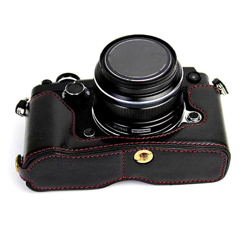 Uniqkart for Olympus PEN-F Digital Camera PU Leather Protective Case Half Body Cover with Bottom Opening - Black