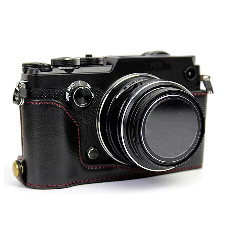 Uniqkart for Olympus PEN-F Digital Camera PU Leather Protective Case Half Body Cover with Bottom Opening - Black