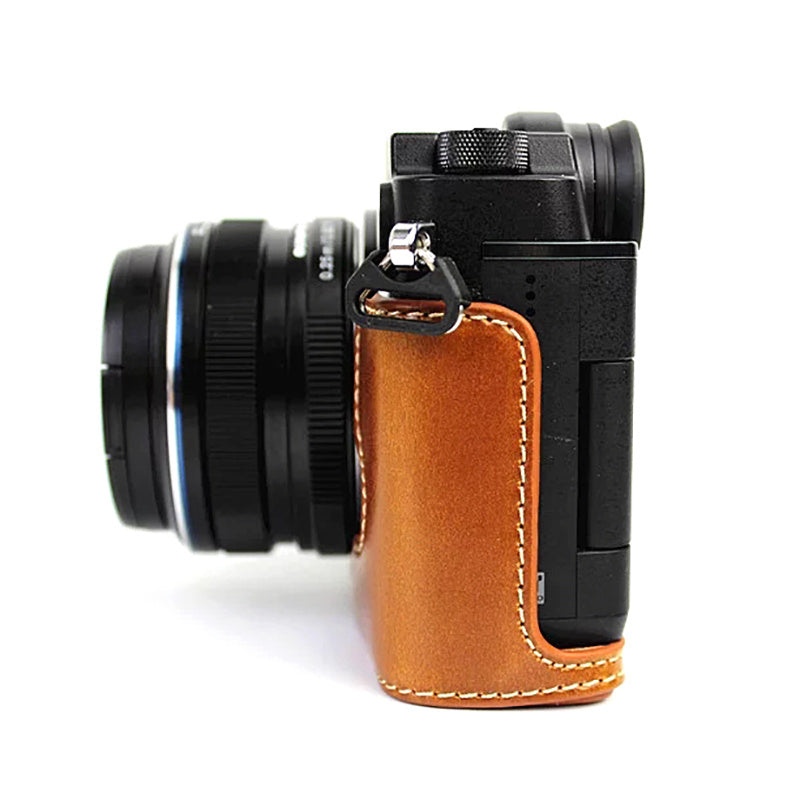 Uniqkart for Olympus PEN-F Digital Camera PU Leather Protective Case Half Body Cover with Bottom Opening - Brown