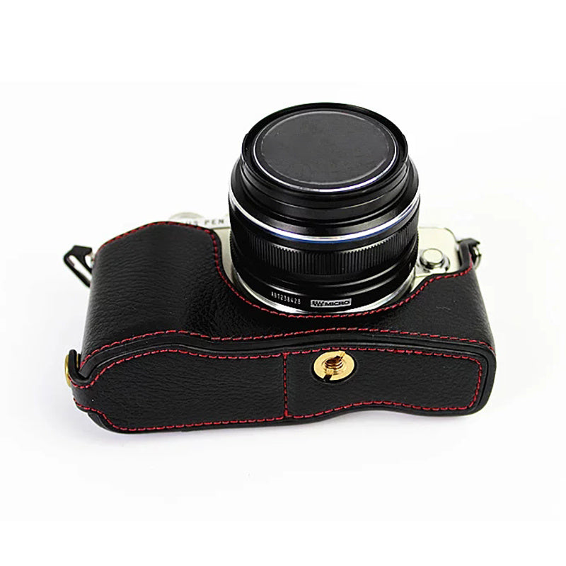 Uniqkart for Olympus E-PL7/PL8/PL9 Genuine Leather Camera Case Half Body Protective Cover with Bottom Opening - Black