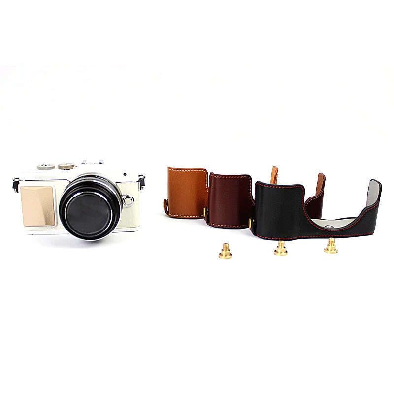 Uniqkart for Olympus E-PL7/PL8/PL9 Genuine Leather Camera Case Half Body Protective Cover with Bottom Opening - Brown